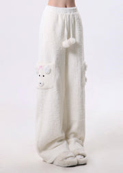 Modern White Pockets Fuzzy Fur Fluffy Straight Pants Spring