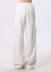 Modern White Pockets Fuzzy Fur Fluffy Straight Pants Spring