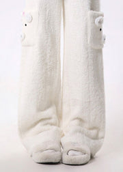 Modern White Pockets Fuzzy Fur Fluffy Straight Pants Spring