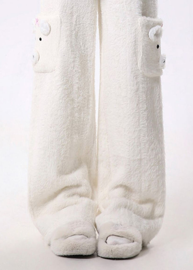 Modern White Pockets Fuzzy Fur Fluffy Straight Pants Spring