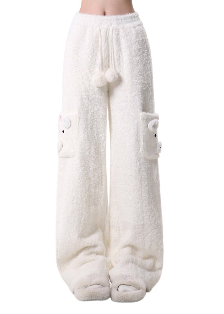 Modern White Pockets Fuzzy Fur Fluffy Straight Pants Spring