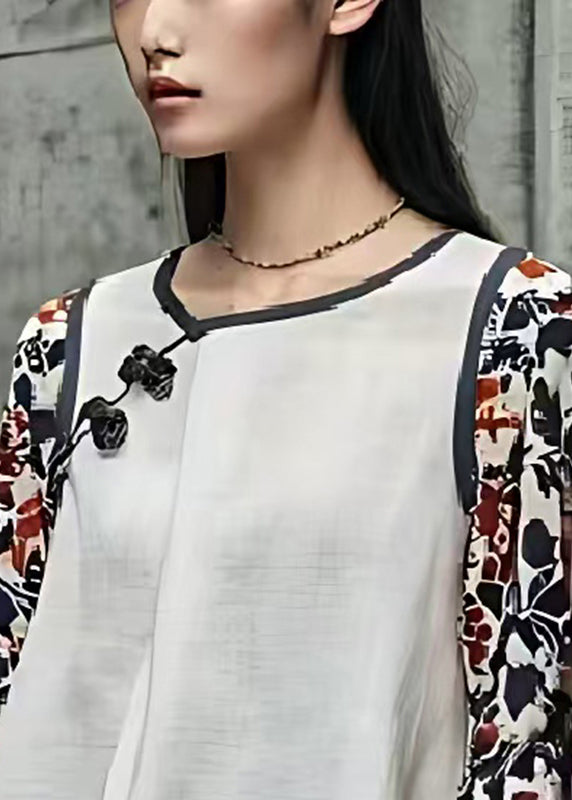 Modern White Print Patchwork Chinese Button Cotton Top Summer