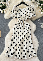 Modern White Puff Sleeve Dot Chiffon Holiday Dress Summer