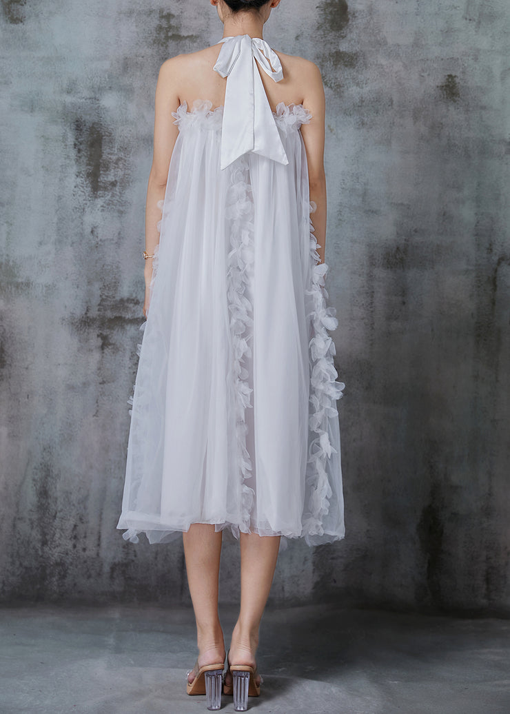 Modern White Ruffled Cold Shoulder Tulle Halter Dress Summer