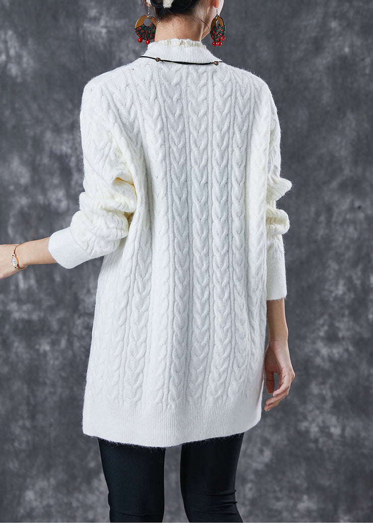 Modern White Ruffled Warm Cable Knit Pullover Spring