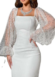 Modern White Sequins Patchwork Wraped Party Dresses Lantern Sleeve