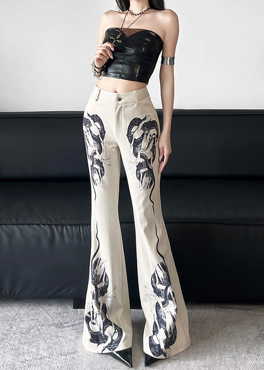 Modern White Serpentine Print Cotton Bell-bottom Trousers Pants Spring