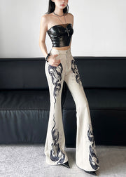 Modern White Serpentine Print Cotton Bell-bottom Trousers Pants Spring