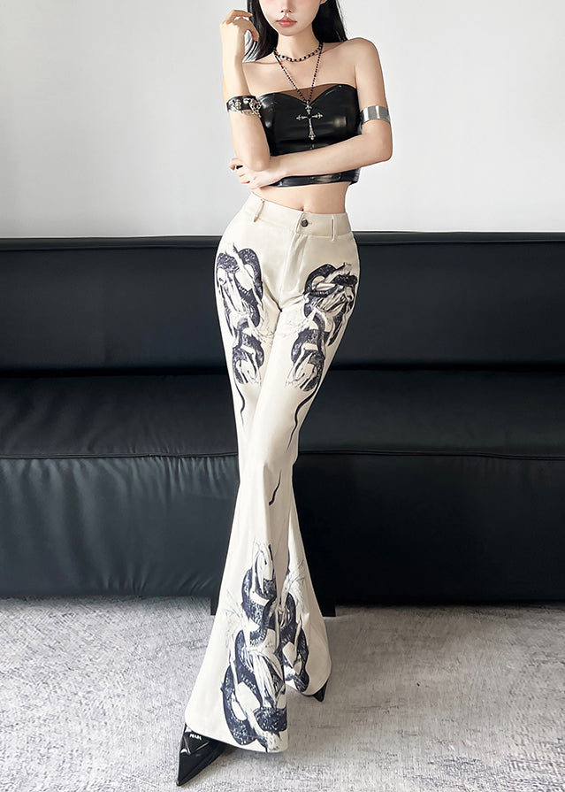 Modern White Serpentine Print Cotton Bell-bottom Trousers Pants Spring