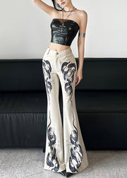 Modern White Serpentine Print Cotton Bell-bottom Trousers Pants Spring