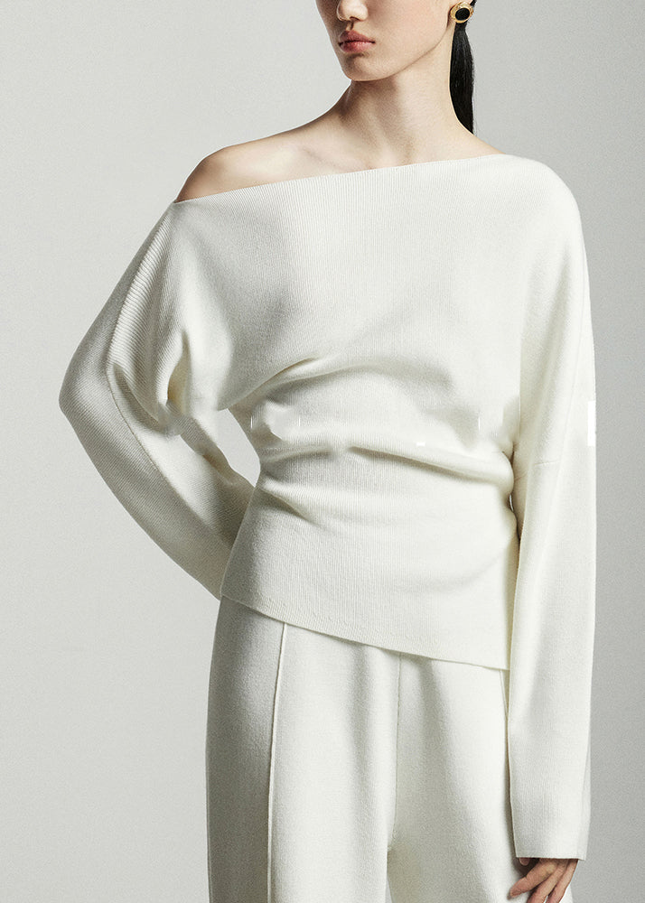 Modern White Slash Neck Woolen Knit Pullover Batwing Sleeve