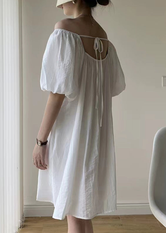 Modern White Square Collar Backless Cotton Mid Dresses Puff Sleeve