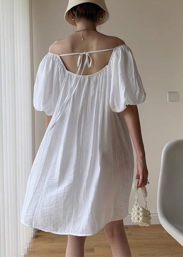 Modern White Square Collar Backless Cotton Mid Dresses Puff Sleeve