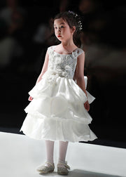 Modern White Square Collar Floral Tulle Girls Long Spaghetti Strap Dress Sleeveless