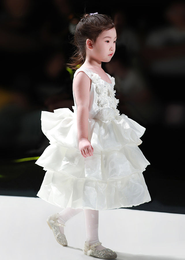 Modern White Square Collar Floral Tulle Girls Long Spaghetti Strap Dress Sleeveless