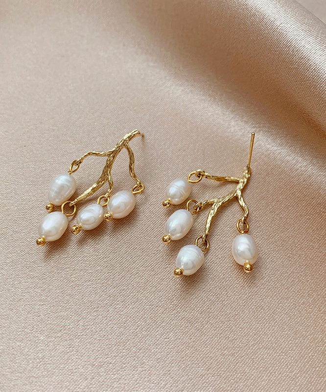 Modern White Sterling Silver Overgild Inlaid Pearl Branch Shaped Hoop Earrings