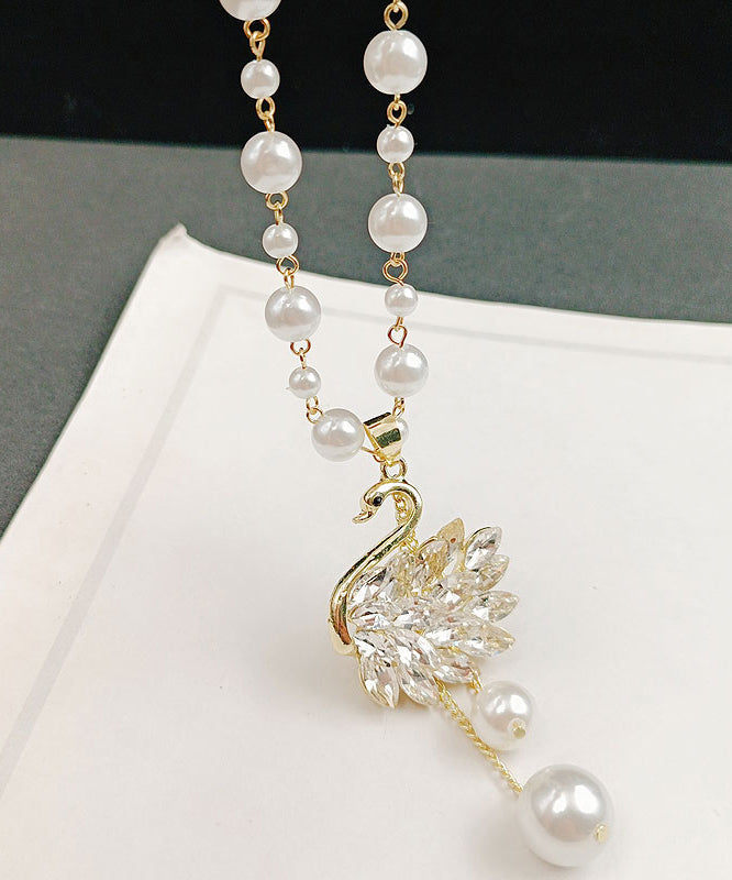 Modern White Swan Alloy Pearl Resin Tassel Pendant Necklace