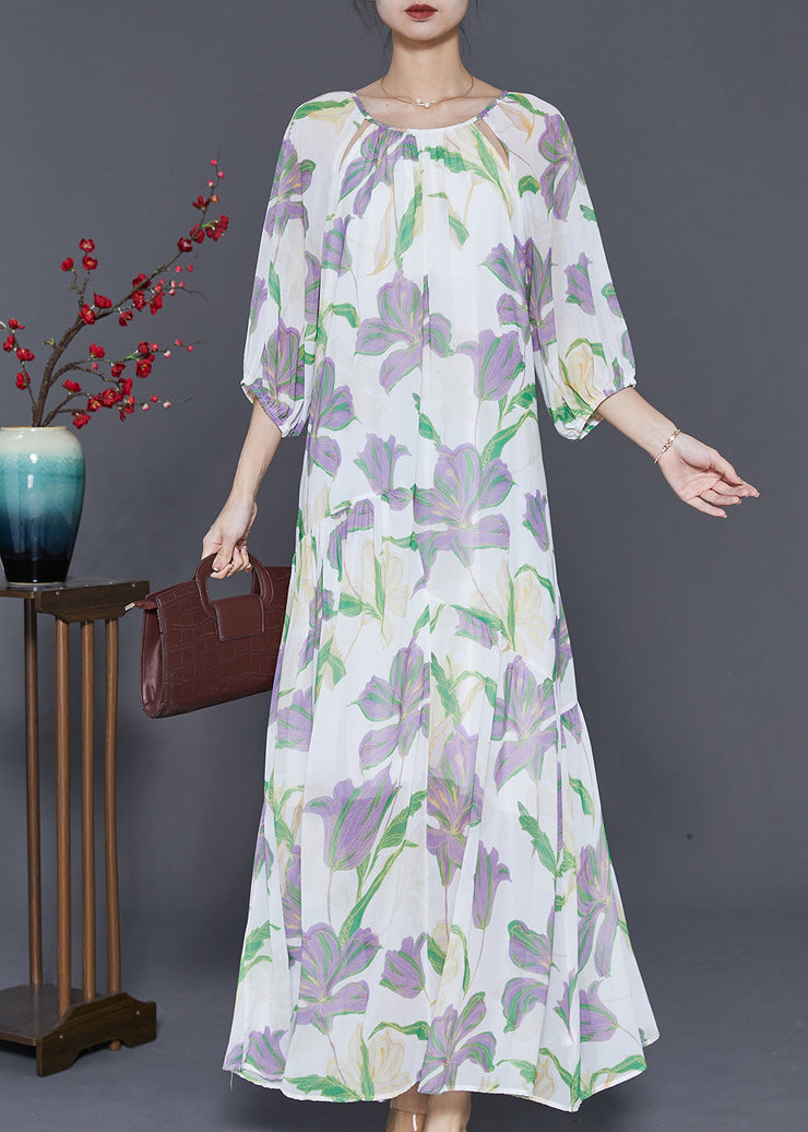 Modern White Tulip Print Chiffon Long Dress Summer