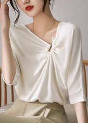 Modern White V Neck Cinched Pearl Satin Shirts Half Sleeve