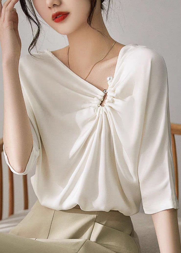 Modern White V Neck Cinched Pearl Satin Shirts Half Sleeve