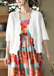 Modern White V Neck Embroideried Floral Cotton Cardigan Short Sleeve