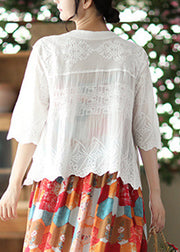 Modern White V Neck Embroideried Floral Cotton Cardigan Short Sleeve