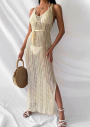 Modern White V-Neck Hollow Out Low High Design Maxi Knit Swimwear Cover Up Dress