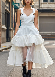 Modern White V Neck Patchwork Organza Denim Dress Summer