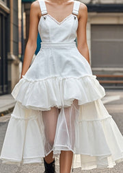 Modern White V Neck Patchwork Organza Denim Dress Summer