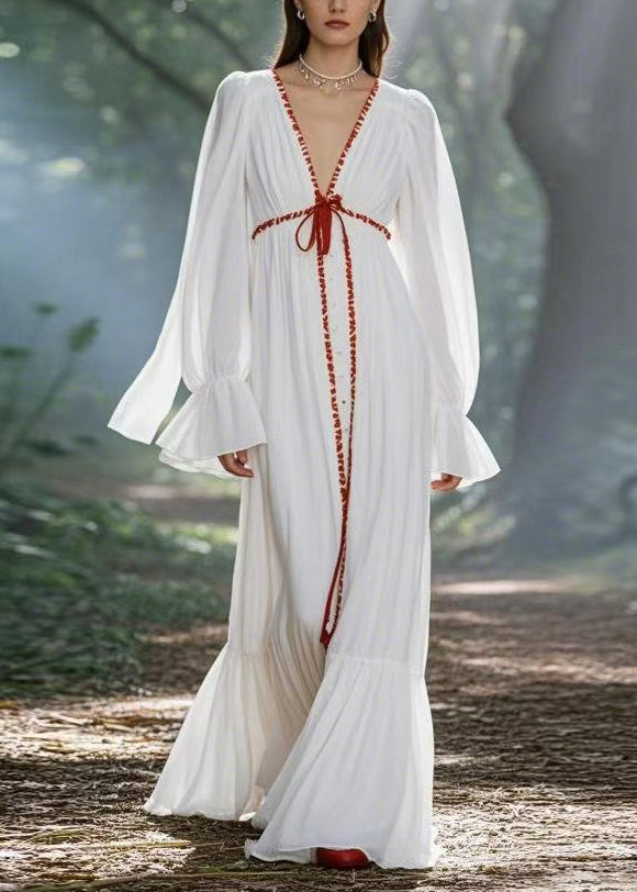 Modern White V Neck Tie Waist Chiffon Maxi Dresses Spring