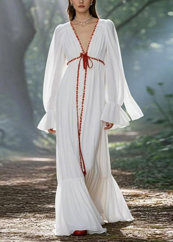 Modern White V Neck Tie Waist Chiffon Maxi Dresses Spring