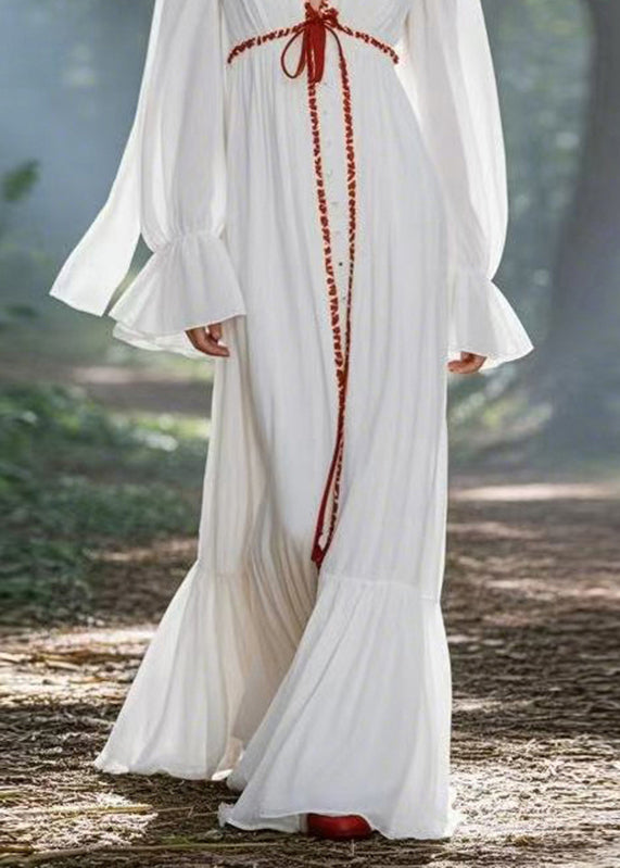 Modern White V Neck Tie Waist Chiffon Maxi Dresses Spring