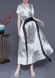 Modern White V Neck Tie Waist Print Silk Robe Dresses Summer