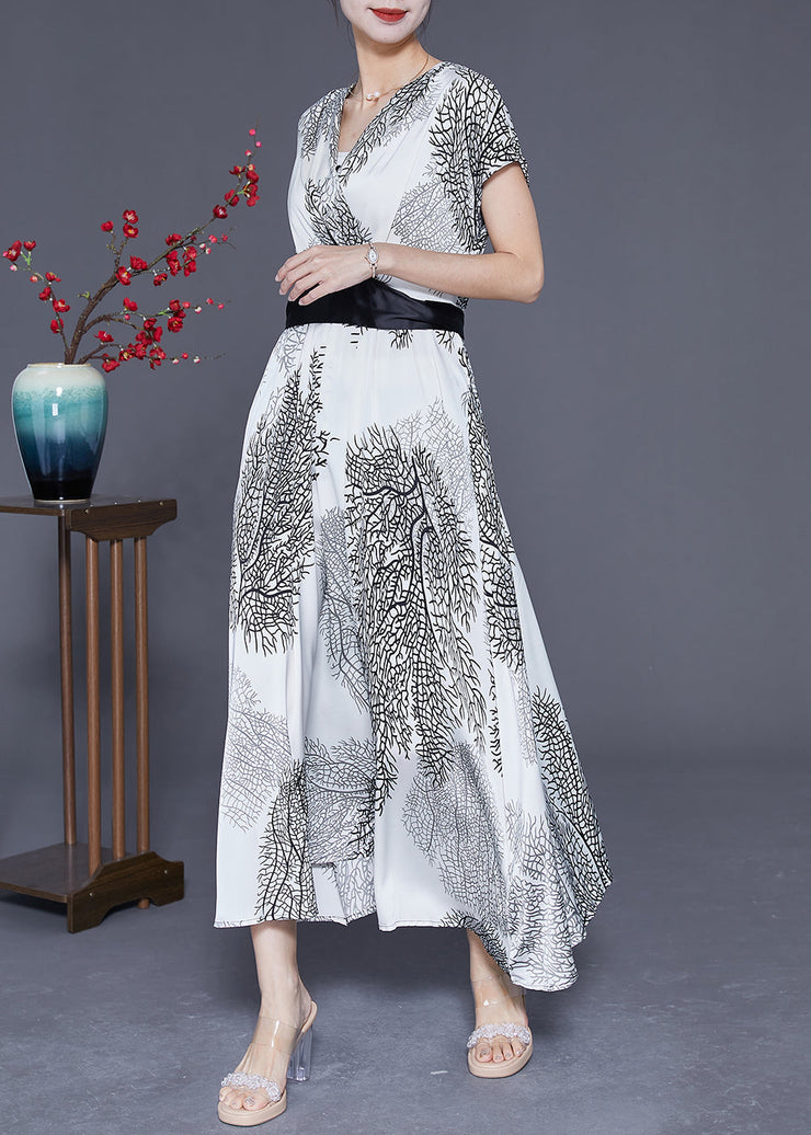 Modern White V Neck Tie Waist Print Silk Robe Dresses Summer