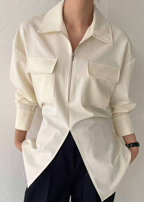 Modern White Zip Up Side Open Blouses Spring