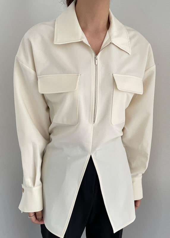 Modern White Zip Up Side Open Blouses Spring