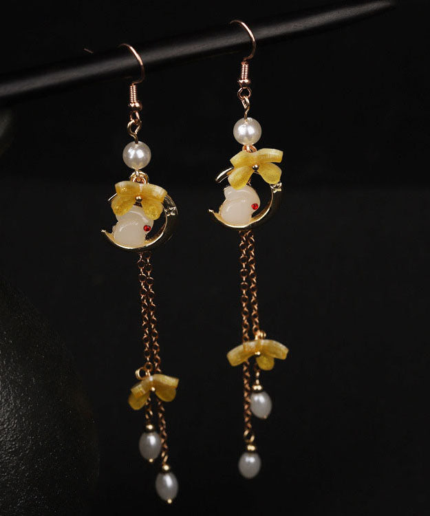 Modern Yellow Copper Overgild Pearl Tassel Agate Coloured Glaze Rabbit Drop Earrings