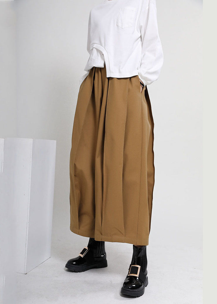 Modern Yellow Elastic Waist Oversized Pockets Cotton Crop Pants Fall