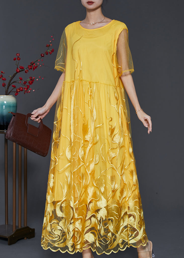 Modern Yellow Embroidered Hollow Out Tulle Dresses Summer