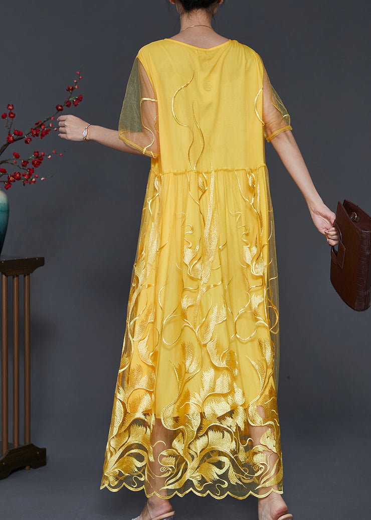 Modern Yellow Embroidered Hollow Out Tulle Dresses Summer