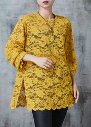 Modern Yellow Hollow Out Side Open Lace Top Summer