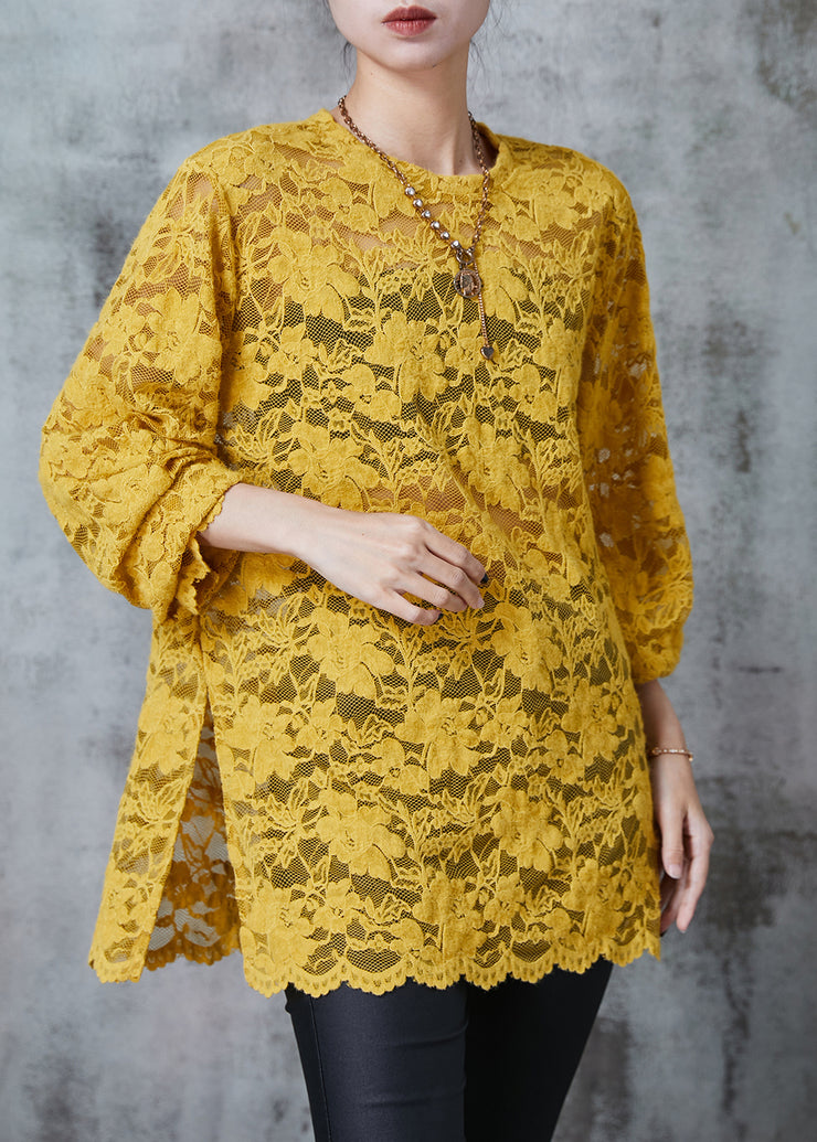 Modern Yellow Hollow Out Side Open Lace Top Summer