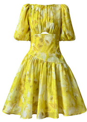 Modern Yellow O-Neck Patchwork Print Silk Holiday Dress Summer