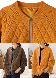 Modern Yellow O-Neck Pockets Plaid Patchwork Fleece Coat Fall