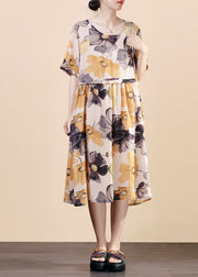 Modern Yellow O Neck Wrinkled Print Patchwork Silk Dress Summer