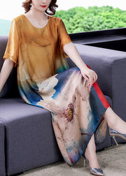 Modern Yellow Oversized Print Silk Long Dresses Summer