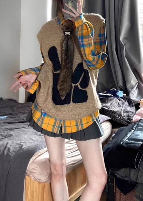 Modern Yellow Plaid Knit Vest And Shirts Two Pieces Set Spring