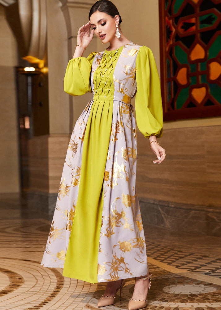 Modern Yellow Print Patchwork Wrinkled Sim Chiffon Long Dresses Fall