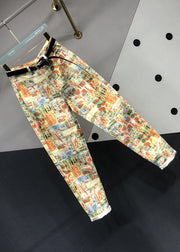 Modern Yellow Print Pockets Patchwork Denim Pants Fall