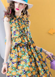 Modern Yellow Ruffled Print Patchwork Cotton Dress Sleeveless